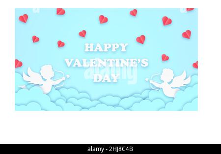 Buon giorno di San Valentino saluto sfondo in stile papercut. Banner blu vacanza con nuvole di carta, cupidi e cuori. Posiziona per testo. Illustrazione Vettoriale