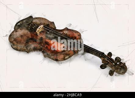 Illustrazione schizzo di un bellissimo violino di legno antico Foto Stock