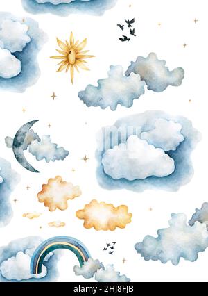 nuvole acquerello con stelle in colori pastello. Set acquerello vintage Foto Stock