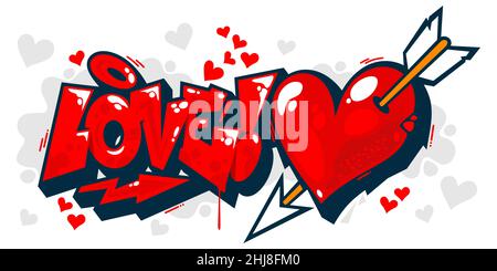 Astratto stile Graffiti Parola Amore con lettere di testo a cuore. Arte di illustrazione vettoriale per buon giorno di San Valentino o matrimonio Illustrazione Vettoriale