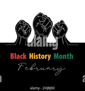 Banner vettoriale mese Black History, poster, cartellino con pugni. Un disegno a linee continue con mani, braccia Illustrazione Vettoriale