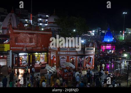 Night view of Goddess Ganga temple at Har Ki Pauri Ghat Haridwar, Uttrakhand, India Stock Photo