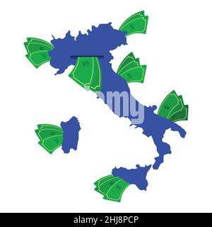 Mappa Italia in blu con bollette in giro. Denaro che lascia il centro del paese. Economia del paese italiano. Sfondo bianco. Isolato. Illustrazione Vettoriale