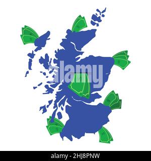 Mappa della Scozia in blu con bollette in giro. Denaro che lascia il centro del paese. Economia del paese scozzese. Sfondo bianco. Isolato. Illustrazione Vettoriale