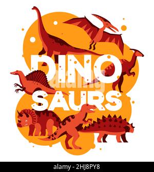 Dinosauri diversi - disegno piatto in stile arancione illustrazione. Animali antichi estinti, collezione dinosauri. Foto colorata con lucertole jurassic come tyr Illustrazione Vettoriale