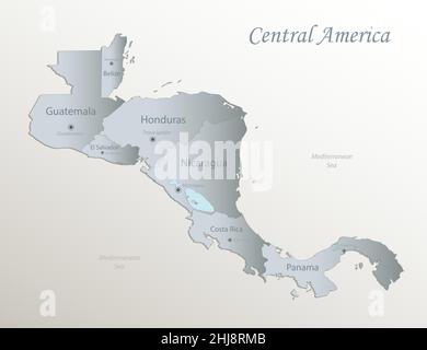 Mappa dell'America centrale, singoli stati con nomi, carta bianca blu da cartolina vettoriale 3D Illustrazione Vettoriale