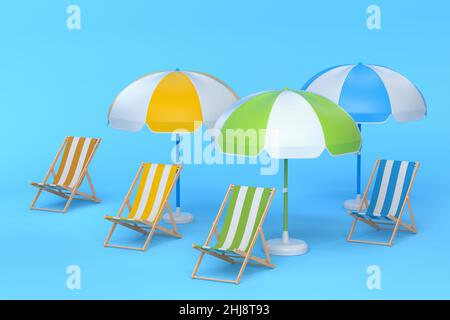 Sedie da spiaggia con ombrelloni e pallina da spiaggia su sfondo blu. 3D rendering del concetto di vacanza estiva Foto Stock