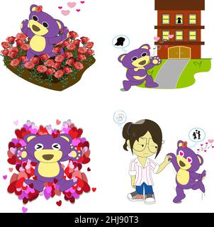 MR.purple orso sta avendo un set di amore, il giorno di San Valentino set 2. Illustrazione Vettoriale