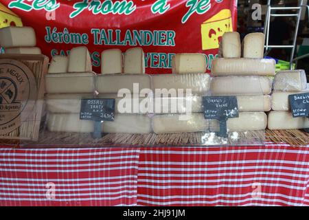 Fromage des Pyrenees (formaggio dei Pirenei) venduto al mercato di St Jean de Luz, Francia Foto Stock