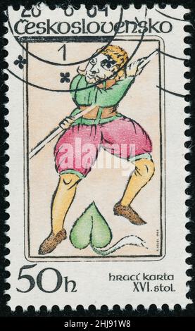 POLTAVA, UCRAINA - 27 gennaio 2022. Francobollo vintage stampato in Cecoslovacchia circa 1984 spettacoli Playing Cards Foto Stock