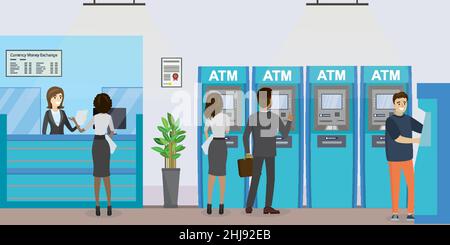 Persone all'interno della banca, arredamento per ufficio. Concetto con gli uomini d'affari a atm e terminal. Cartoon responsabile bancario e clienti. Illustrazione vettoriale piatta Illustrazione Vettoriale