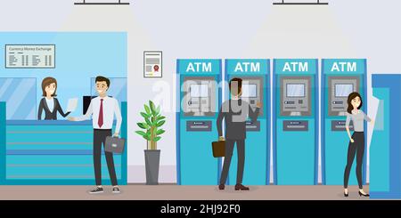 Persone all'interno della banca, arredamento per ufficio. Concetto con gli uomini d'affari a atm e terminal. Cartoon responsabile bancario e clienti. Illustrazione vettoriale piatta Illustrazione Vettoriale