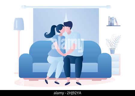 Coppia in amore seduta sul divano e baciare, soggiorno interno con mobili. Personaggi maschili e femminili in stile trendy. Illustrazione vettoriale Illustrazione Vettoriale