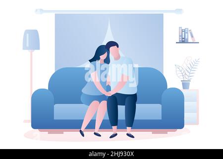 La coppia d'amore è seduta sul divano, soggiorno interno con mobili. Personaggi maschili e femminili in stile trendy. Illustrazione vettoriale Illustrazione Vettoriale