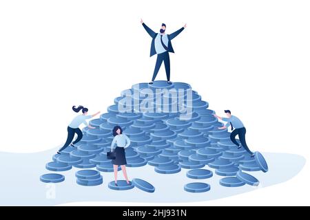 Mucchio di monete e successo felice uomo d'affari vincitore in cima, successo o concetto di profitto background, varie persone d'affari andare alla vittoria, stile alla moda Illustrazione Vettoriale