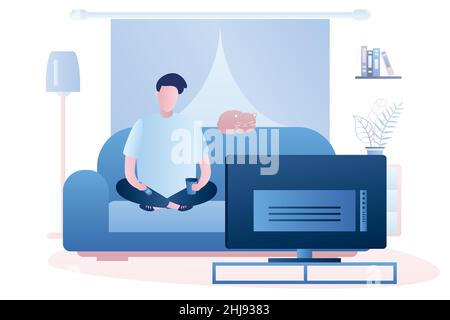 L'uomo caucasico è seduto sul divano e guardare la tv, soggiorno interno. Carattere maschile in stile alla moda. Illustrazione vettoriale Illustrazione Vettoriale