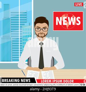 Bell'anchorman, ultime notizie in studio tv. Fumetto arabic uomo newsreader personaggio. Illustrazione vettoriale piatta Illustrazione Vettoriale