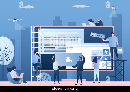 Sviluppo di software o app - front-end e back-end I programmatori e gli uomini d'affari sviluppano l'applicazione, il concetto di lavoro di squadra. Caratteri maschili e femminili Illustrazione Vettoriale