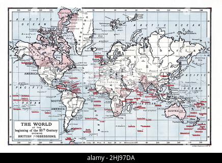 Illustrazione dei colori; Mappa del mondo all'inizio del 20th secolo che mostra i possedimenti britannici Foto Stock