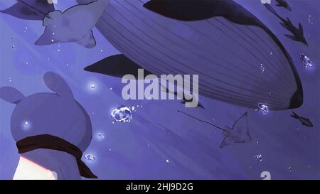 Blu coniglietto avvistamento balena blu, delfini, Whiptail stingray e molti piccoli pesci guardando nel mare blu profondo, bello sfondo mare digitale pittura arte Foto Stock