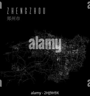 Poster della mappa vettoriale della provincia di Zhengzhou. China Municipal Square mappa stradale lineare, area amministrativa comunale, linee bianche su sfondo nero, Illustrazione Vettoriale