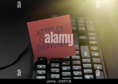 La scrittura l'atteggiamento di visualizzazione del testo cambia tutto. Concetto di Internet comportamento positivo raggiungere l'obiettivo di business inserendo parola chiave immagine e. Foto Stock