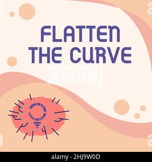 Inspirazione che mostra il segno appiattire la curva. Parola per aumentare una consapevolezza sul rallentamento del tasso della malattia infettiva luce bulbo disegno con Foto Stock