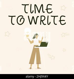 Ispirazione che mostra il tempo di sonno del segno. Business idea un periodo naturale di sonno o di essere in stato di inattività Illustrazione di ragazza che utilizza notebook Foto Stock