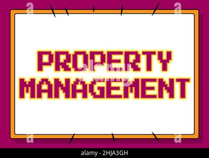 Firma che visualizza Property Management. Parola scritta sul controllo, la manutenzione, e la supervisione del bene immobile linea ha illustrato sfondi con vari Foto Stock