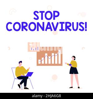 Didascalia di testo che presenta Stop Coronavirus. Strategia aziendale campagna di sensibilizzazione contro le malattie lotta per diminuire i COVID19 casi di uomo utilizzando laptop e ragazza Foto Stock