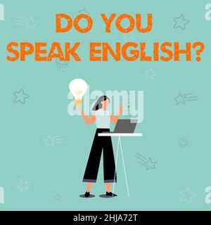 Cartello con la scritta Do you speak English domanda. Business showcase per sapere se la persona può dire inglese illustrazione di ragazza utilizzando laptop avere Foto Stock