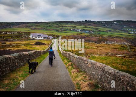 Lady e il suo cane nero Labradoodle camminano lungo la strada che conduce lontano dal faro di Point Lynas Foto Stock