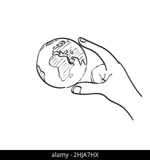 Linea arte tenuta a mano pianeta Terra illustrazione vettore disegnato a mano isolato su sfondo bianco Illustrazione Vettoriale