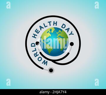 Illustrazione di sfondo della Giornata Mondiale della Sanità, è una giornata globale di consapevolezza della salute celebrata ogni anno, con un concetto di stetoscopio del medico. Illustrazione Vettoriale