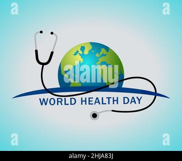 Illustrazione Giornata Mondiale della Sanità, è una giornata globale di consapevolezza della salute che si celebra ogni anno, con il concetto di stetoscopio di un medico. Illustrazione Vettoriale