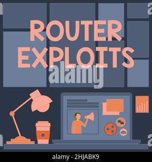 Firma che visualizza gli exploit del router. La panoramica aziendale trae vantaggio da un difetto di sicurezza in un'applicazione laptop su un tavolo accanto a Coffee Mug and Desk Foto Stock