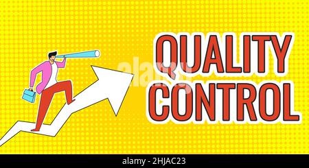 Controllo di qualità della visualizzazione concettuale. Internet Concept un sistema di mantenimento degli standard nei prodotti fabbricati Man Drawing Holding Graph Arrow Foto Stock