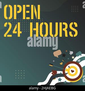 Testo che mostra l'ispirazione aperto 24 ore. Business Concept disponibile tutto il giorno e tutta la notte senza chiudere o interrompere la presentazione di messaggi che colpiscono Target Foto Stock