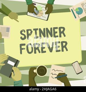 Scrittura a mano testo Spinner Forever. Business showcase stress reliever per mostrare chi tende a fidget Flat top colleghi Office Meeting avere caffè Foto Stock