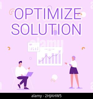 Didascalia di testo Presentazione soluzione ottimizzata. Business showcase processo di trovare il più grande valore della soluzione uomo utilizzando notebook e Girl Standing Foto Stock