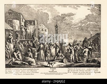 La fiera di Venezia, 18th secolo. Una fiera vivace con charlatan che vende pozioni mediche, palmreader, pasticceria, punch e Judy show. Foire de Venise. Litografia dopo un dipinto di Charles Parrocel tratto da Henry Rene d’Allemagne’s Recreations et Passe-Temps, Games and Passimes, Hachette, Parigi, 1906. Foto Stock