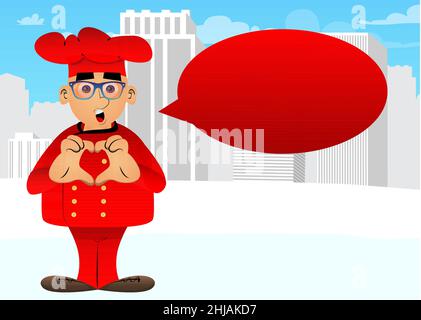 Grasso uomo cartoon chef in uniforme con cuore forma mano gesto. Illustrazione vettoriale. Illustrazione Vettoriale