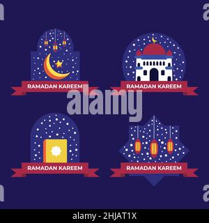 Un set di badge o etichette con sfumature islamiche per le celebrazioni Ramadan, disegno vettoriale Illustrazione Vettoriale