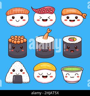 illustrazione vettoriale di un set di simpatici personaggi di sushi food provenienti dal giappone Illustrazione Vettoriale