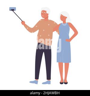 Bella coppia carina fare foto con selfie stick. Salvataggio e registrazione happy Family Moment cartoon illustrazione vettoriale Illustrazione Vettoriale