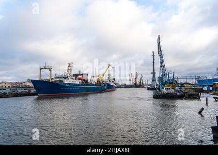 Gru industriali che sollevano container di carico contro il cielo blu vicino al mare nel porto di Kaliningrad, Russia Foto Stock