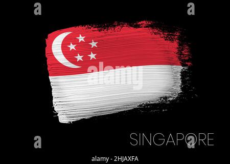 Colpo di pennello grunge con bandiera nazionale di Singapore. Bandiera di pittura acquerello di Singapore. Simbolo, poster, banner della bandiera nazionale. Stile acquerello Foto Stock