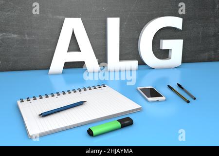 ALG - Arbeitslosengeld - parola tedesca per indennità di disoccupazione o dole money - testo concetto con lavagna, notebook, penne e telefono cellulare. 3D rendering Foto Stock