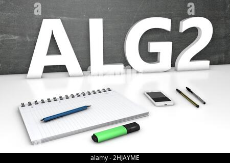 alg2 - Arbeitslosengeld 2 - termine tedesco per l'indennità di disoccupazione o dole money - testo concetto con lavagna, notebook, penne e telefono cellulare. 3D ren Foto Stock