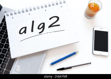 alg2 - Arbeitslosengeld 2 - termine tedesco per l'indennità di disoccupazione o dole money - testo scritto a mano in un taccuino su una scrivania - 3D rappresentazione illustrazione. Foto Stock